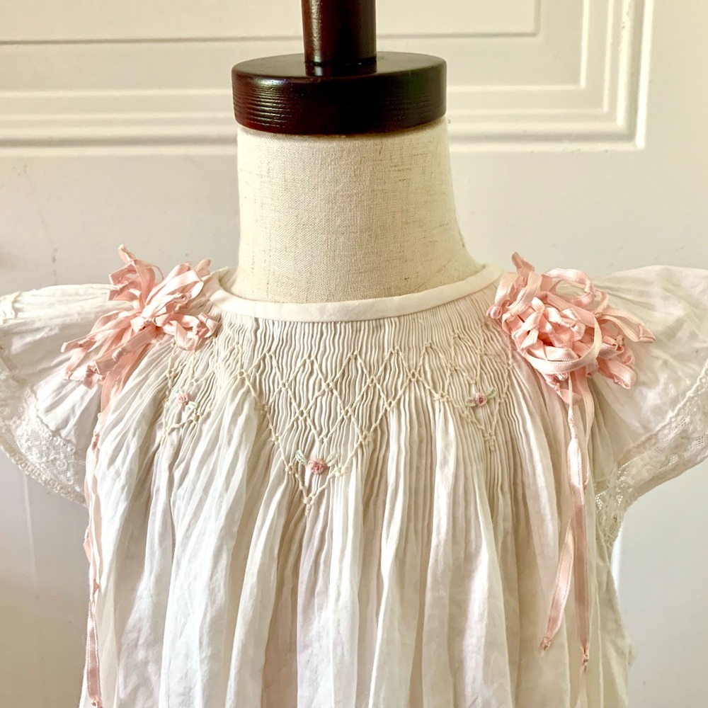 New Handmade Girl’s French Smocked Portrait Dress w/Silk Ribbons French Lace